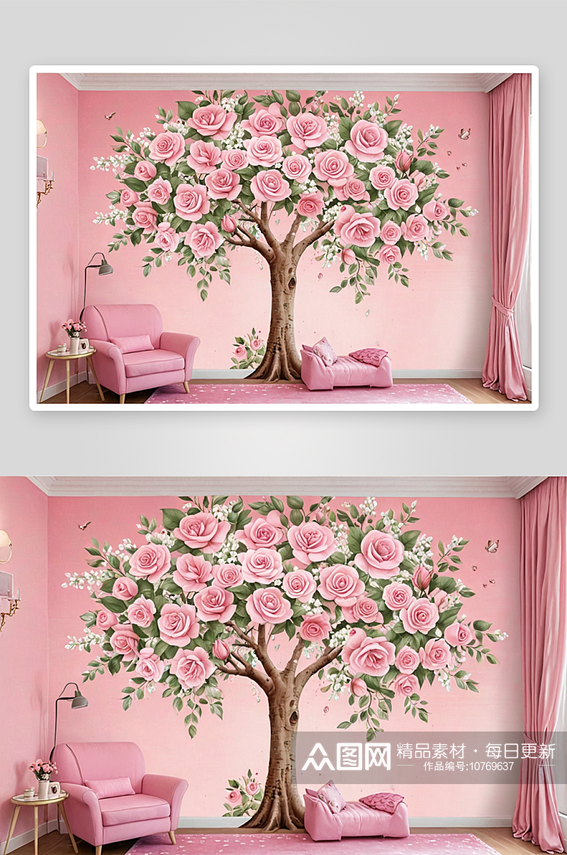 壁画玫瑰墙纸树花珍珠粉色背景儿童房图片素材