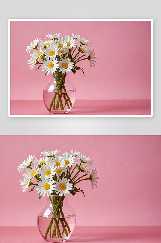 粉红色背景玻璃花瓶中白色雏菊图片