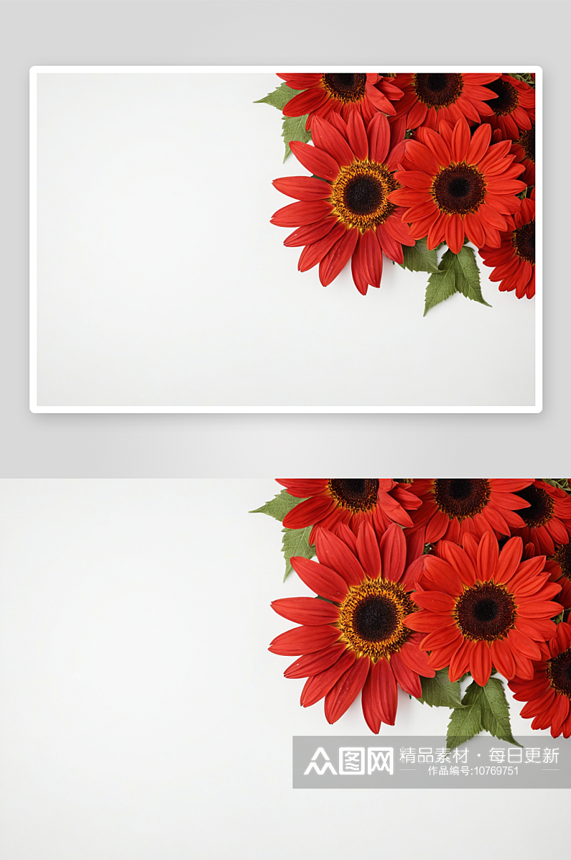 红色向日葵雏菊花边缘白色背景顶部图片素材