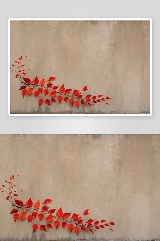 红色秋叶落棕色混凝土墙图片