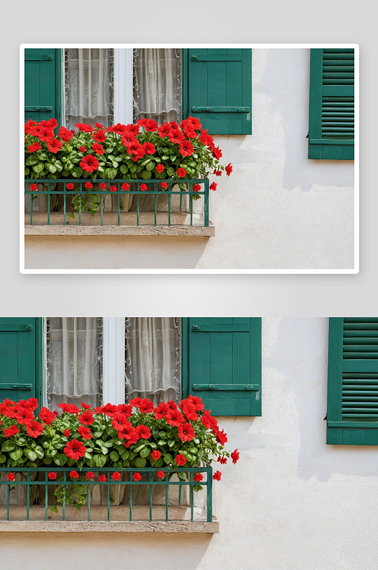 红色花朵用绿色百叶窗装饰着窗户图片