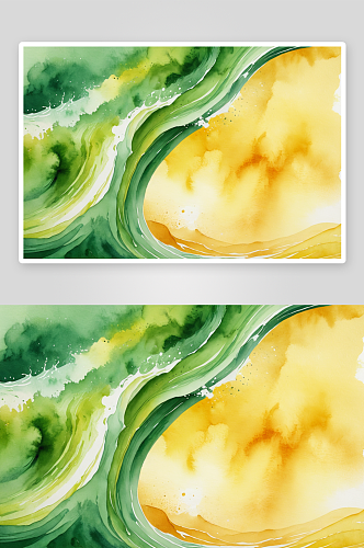 背景抽象绿色黄色波浪手画水彩画图片