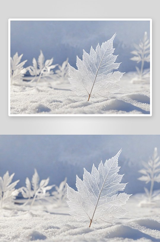 冬天户外雪地白色透明骨架叶图片