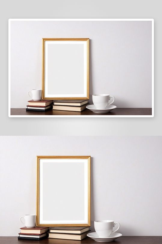 白色框架模型挂墙一堆书咖啡杯图片