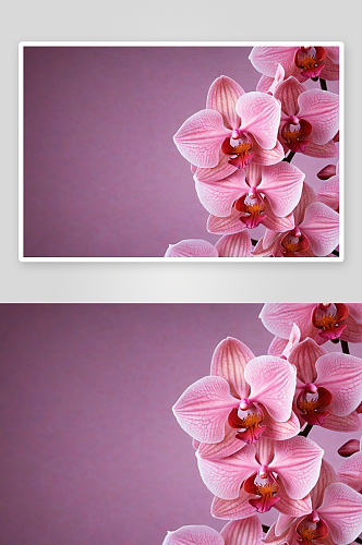丁香色背景覆盖着大粉红色蝴蝶兰花树枝图片