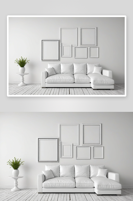 白色房间墙有沙发相框三维渲染图片
