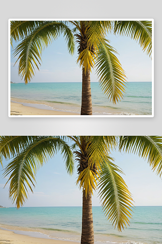 海岸边一棵长着绿色黄色叶子棕榈树图片