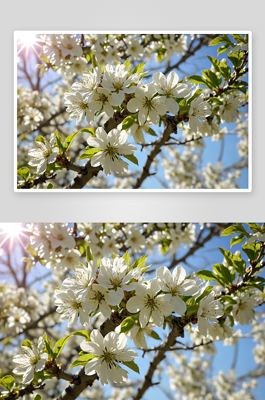 春天阳光照耀下一棵苹果树开花树枝图片