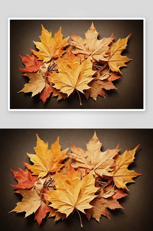 高分辨率秋季干燥枫叶燃烧纸堆图片