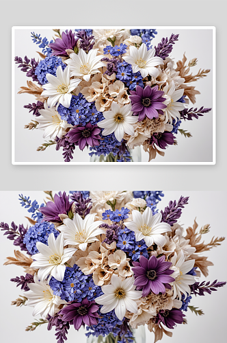 干紫色蓝色花花束白色背景图片