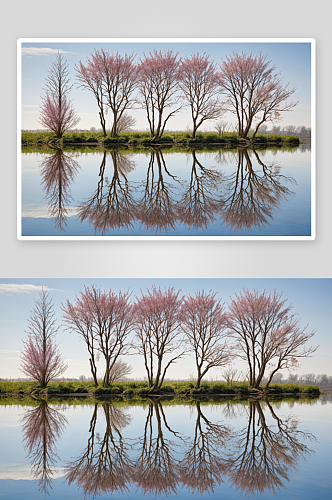 春天树木灌木水中倒影图画图片