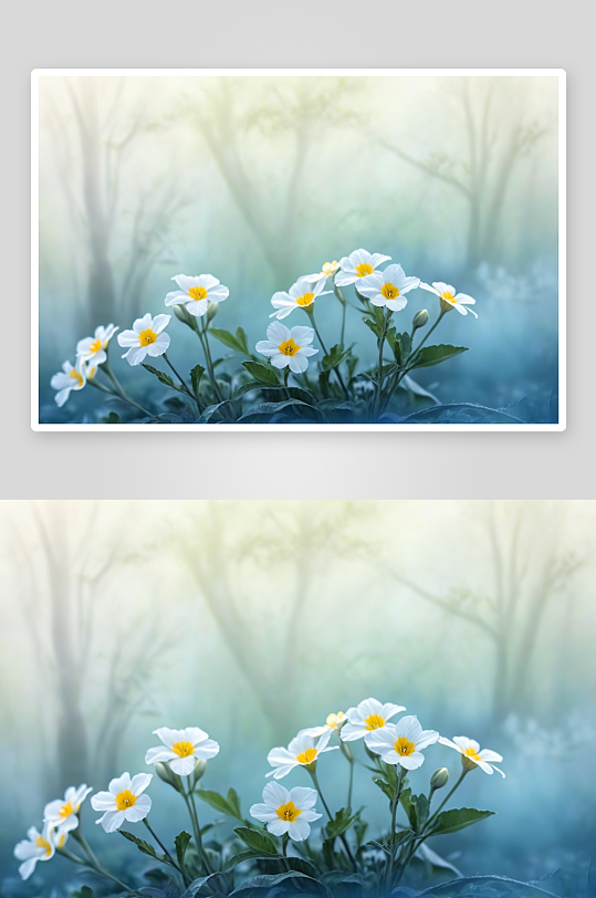 春天森林里白色报春花美丽浅蓝色背景图片