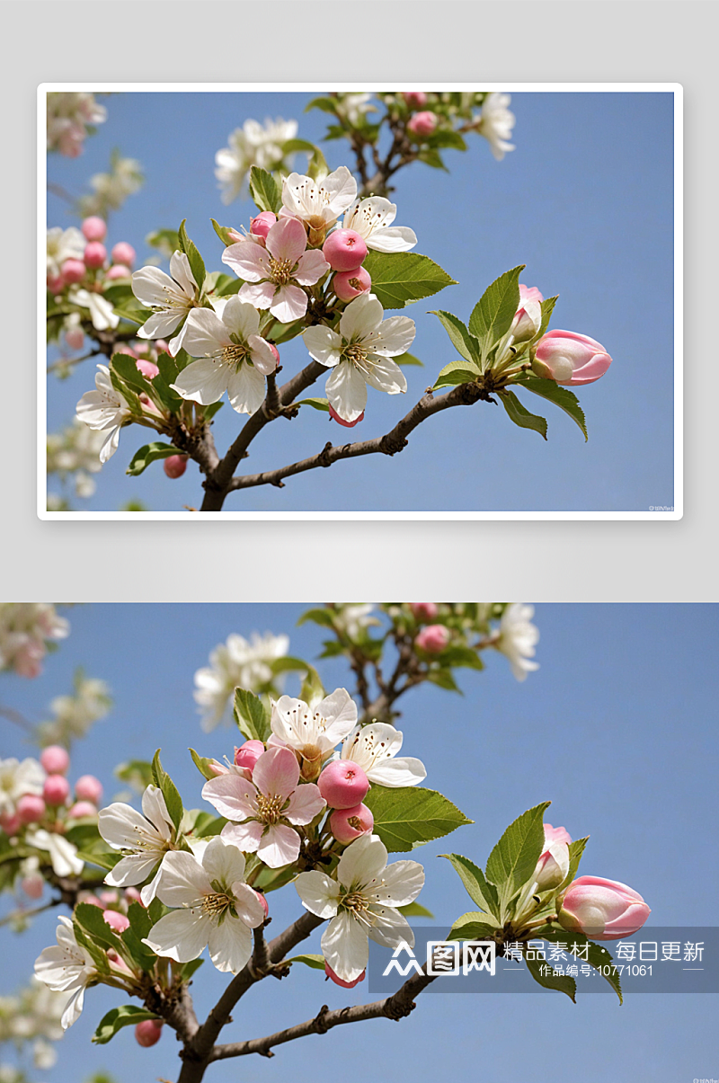 春天粉红色白色苹果树花蕾叶子图片素材