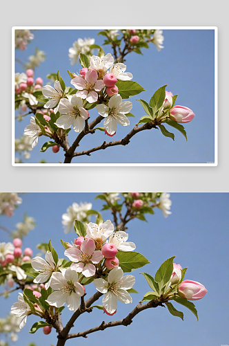 春天粉红色白色苹果树花蕾叶子图片