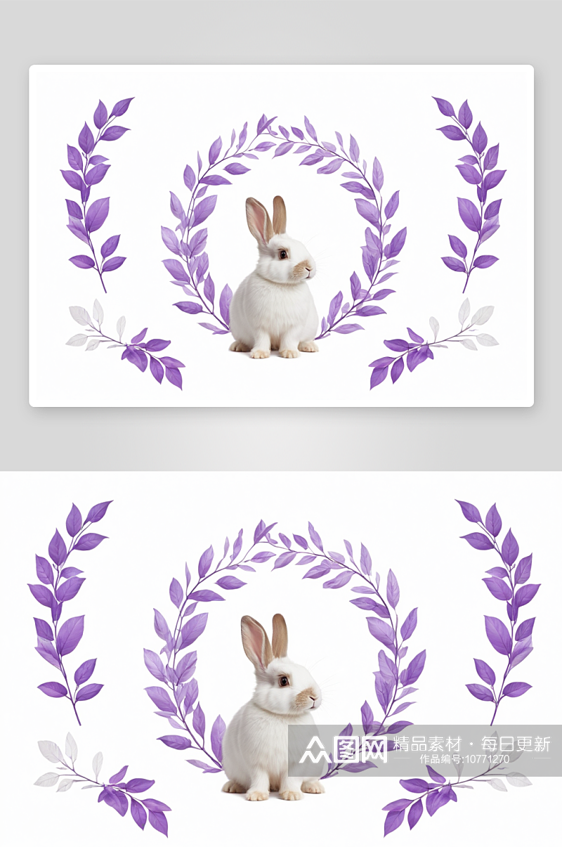 复活节快乐兔兔孤立白色紫色叶子图片素材