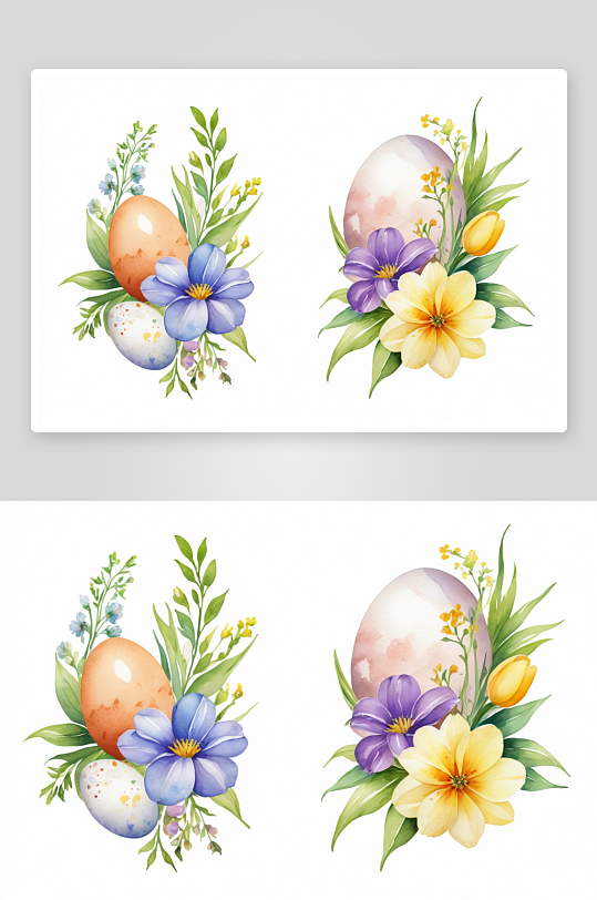 复活节花卉组合花蛋鲜花花束水彩插图图片