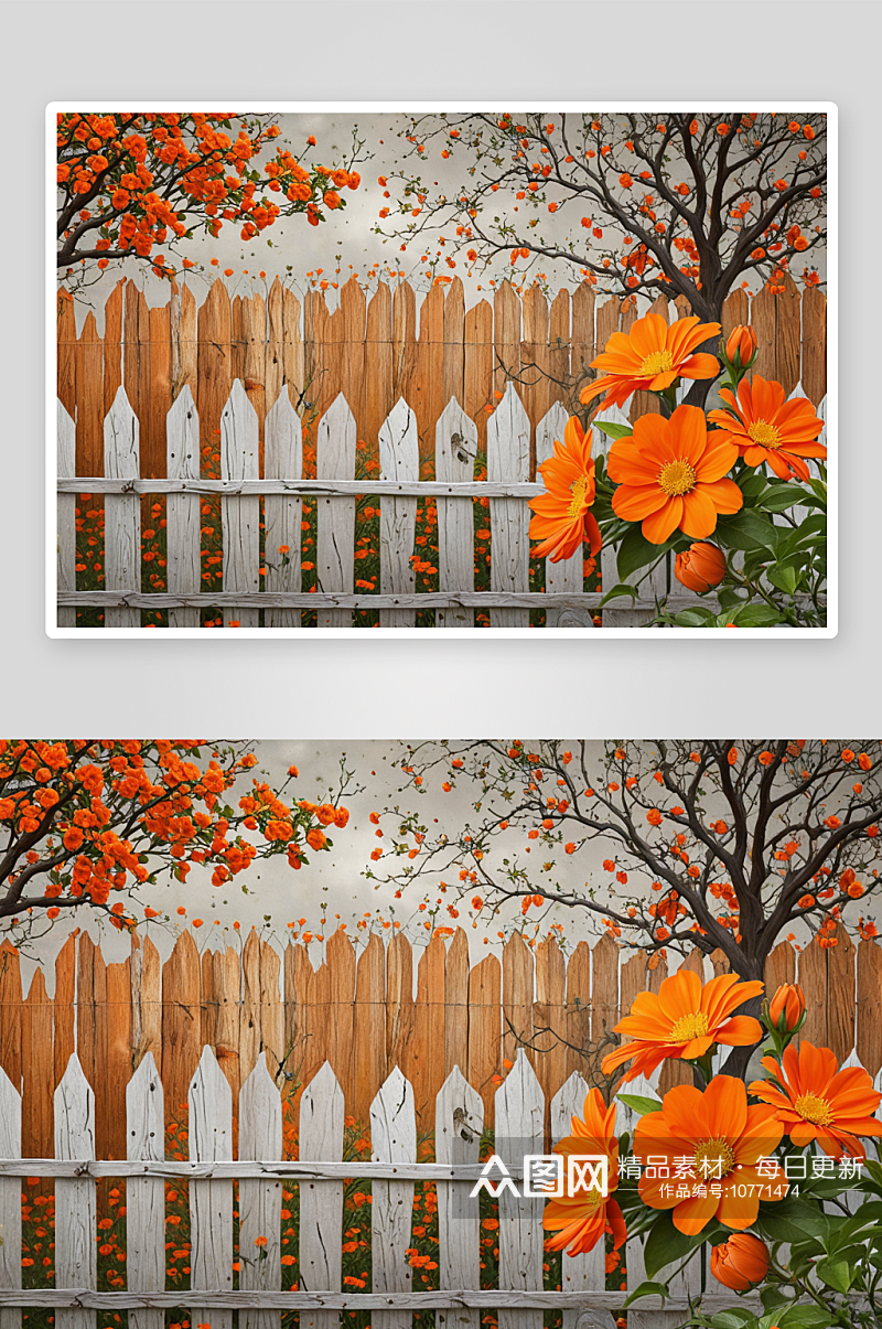 橙色宇宙花木栅栏图片素材