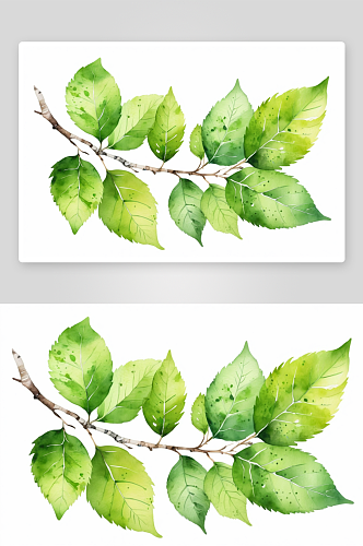 绿色装饰桦木叶孤立白色背景水彩设计元素图