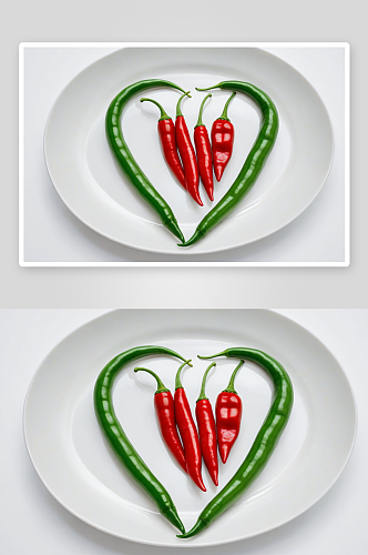 绿色食品红辣椒青辣椒餐盘组成爱心图案图片