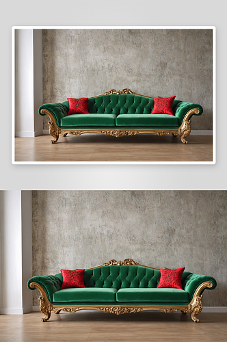 绿色沙发红色枕头优雅艺术室内图片