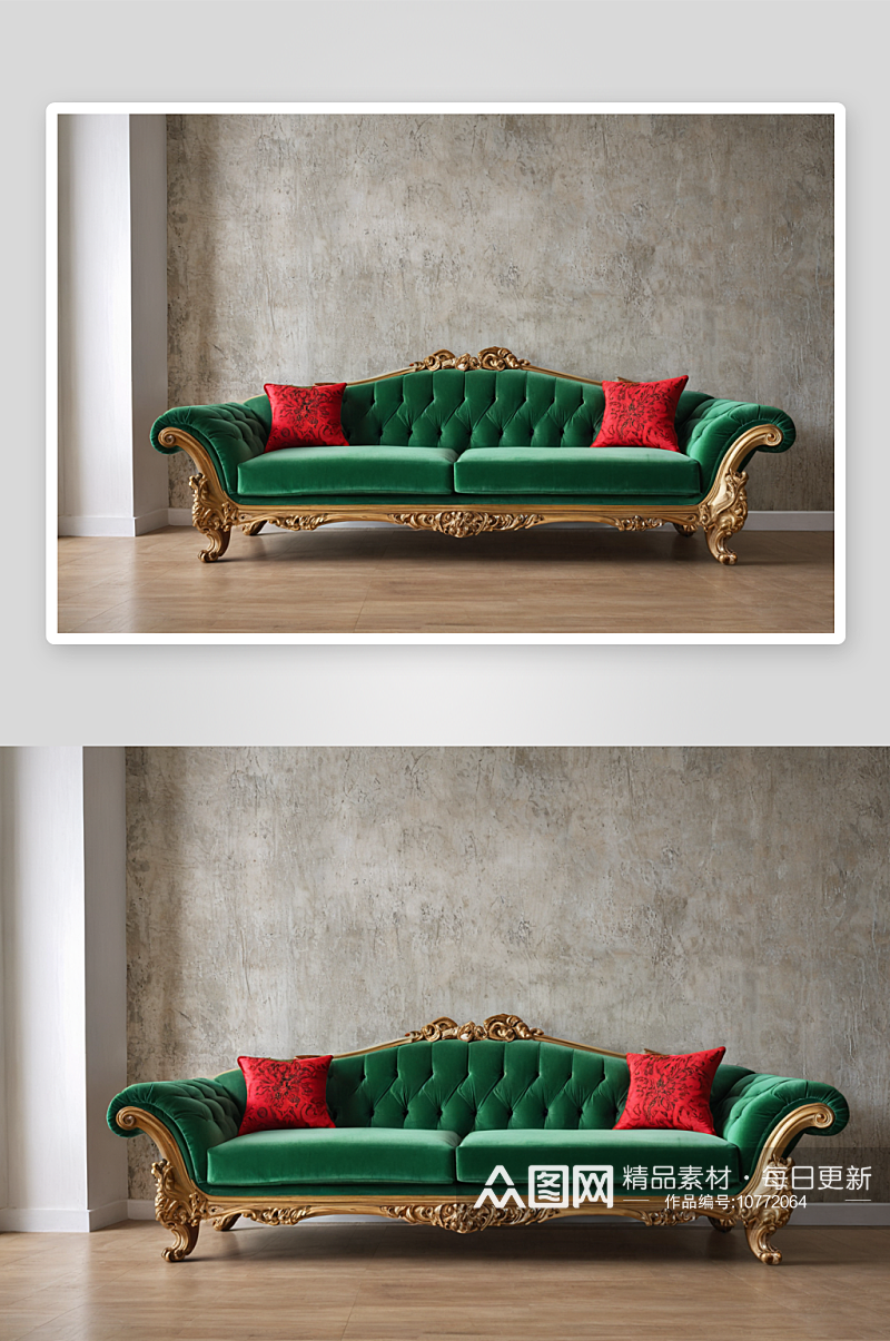 绿色沙发红色枕头优雅艺术室内图片素材