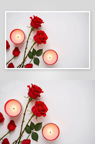 两朵红玫瑰蜡烛放背景周纪念母亲情人节概念