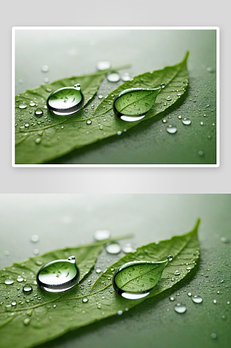两滴纯净透明水美丽自然叶子纹理图片