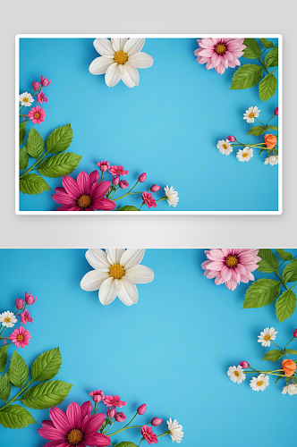 蓝色背景画框五颜六色花朵树叶空间美丽春天