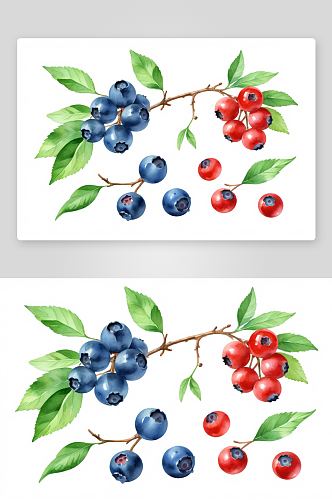 蓝莓红越橘浆果长白色背景绿叶树枝水彩图片