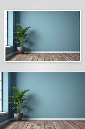 空房间内部背景蓝色墙壁盆栽木地板三维渲染