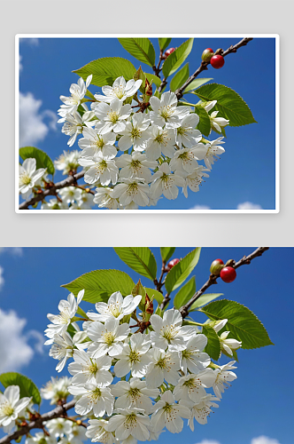 蓝天背景下开着白花樱桃枝图片