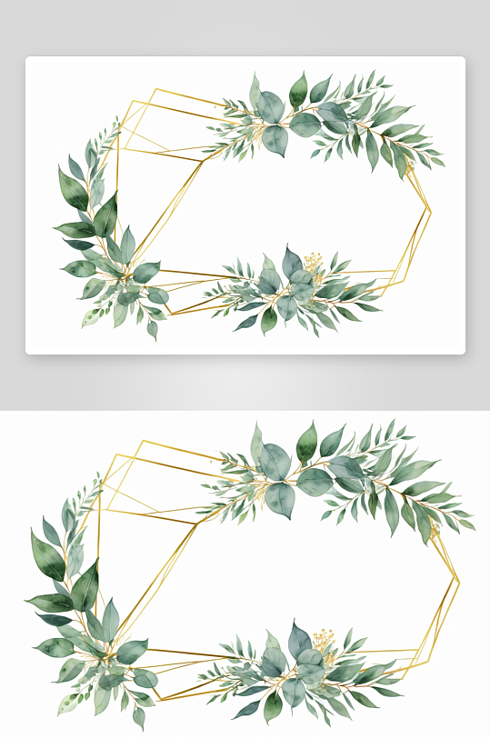 几何金色花束绿色水彩桉树叶婚礼插画图片