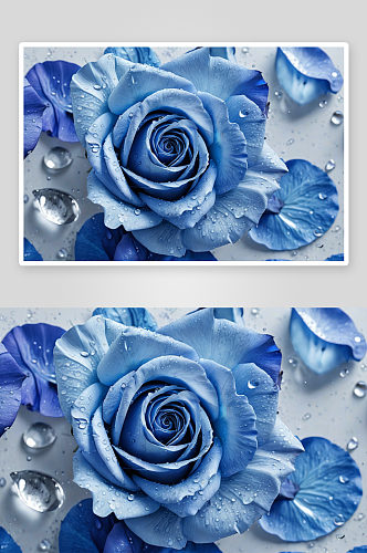 蓝色玫瑰花瓣配水滴色彩操控图片