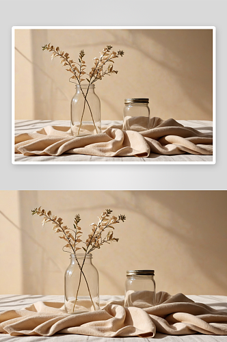 极简主义背景植物玻璃罐花阴影中性米色毯子
