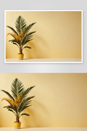 极简风格热带静物棕榈树叶子黄色柔背景图片