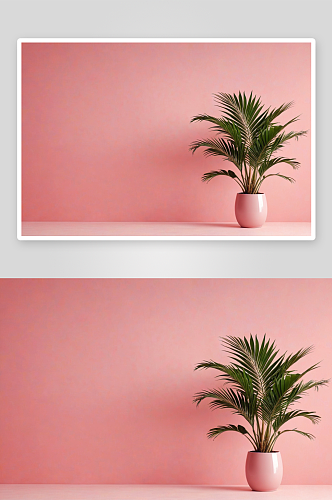 极简风格热带静物棕榈树叶子粉红色背景图片