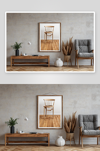 客厅椅子旁边木地板海报框模拟现代室内图片