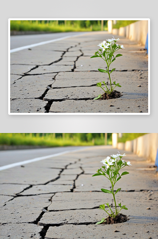 开花幼苗已混凝土道路裂缝中生根图片