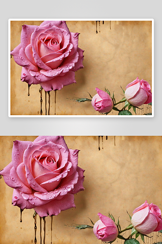 旧纸滴着新鲜粉红玫瑰图片