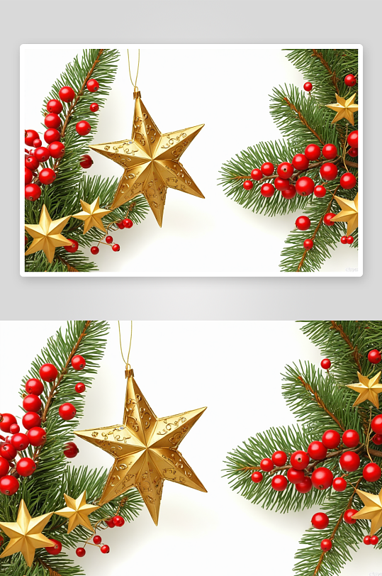 金色圣诞星状装饰树枝红色浆果靠近图片