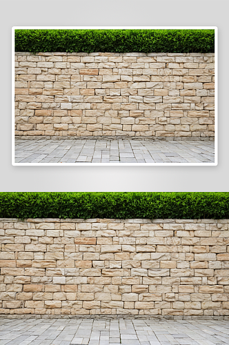 石头砖墙绿色灌木背景图片