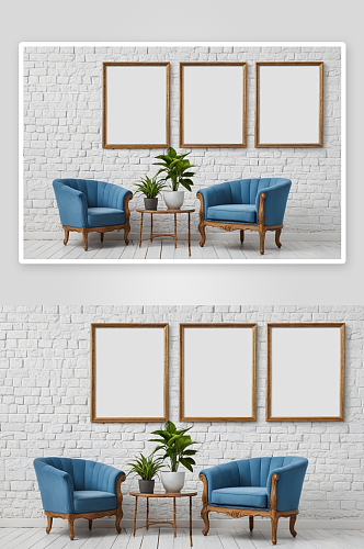 三个模拟海报框架蓝色扶手椅室内植物图片