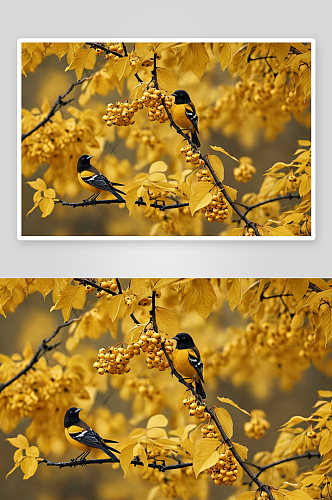 深黄叶子黑色鸟樱桃果图片