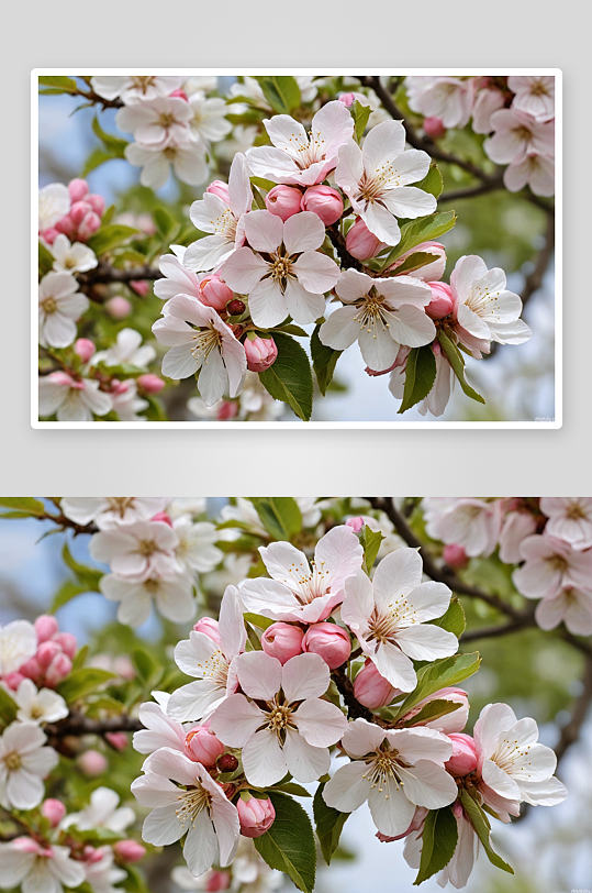 新春天季节苹果树粉红色白色花图片