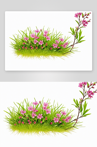小草小枝开着粉红色花图片