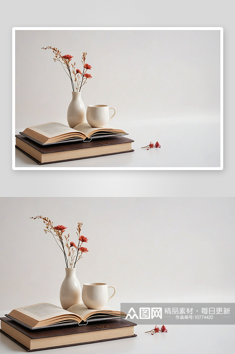 陶瓷杯放着干花桌放着书简单家居装饰图片素材
