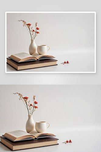 陶瓷杯放着干花桌放着书简单家居装饰图片
