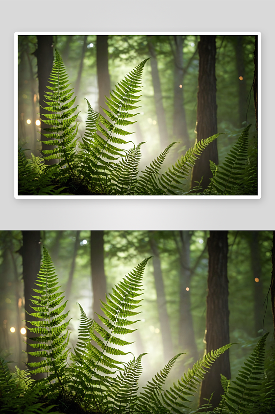 森林环境中蕨类透过树木光图片