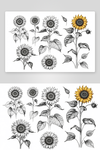向日葵集手绘钢笔墨水轮廓一个白色背景图片