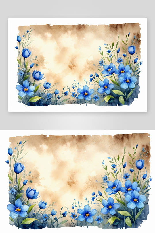 水彩纹理背景蓝色春天花朵手暗素描图片